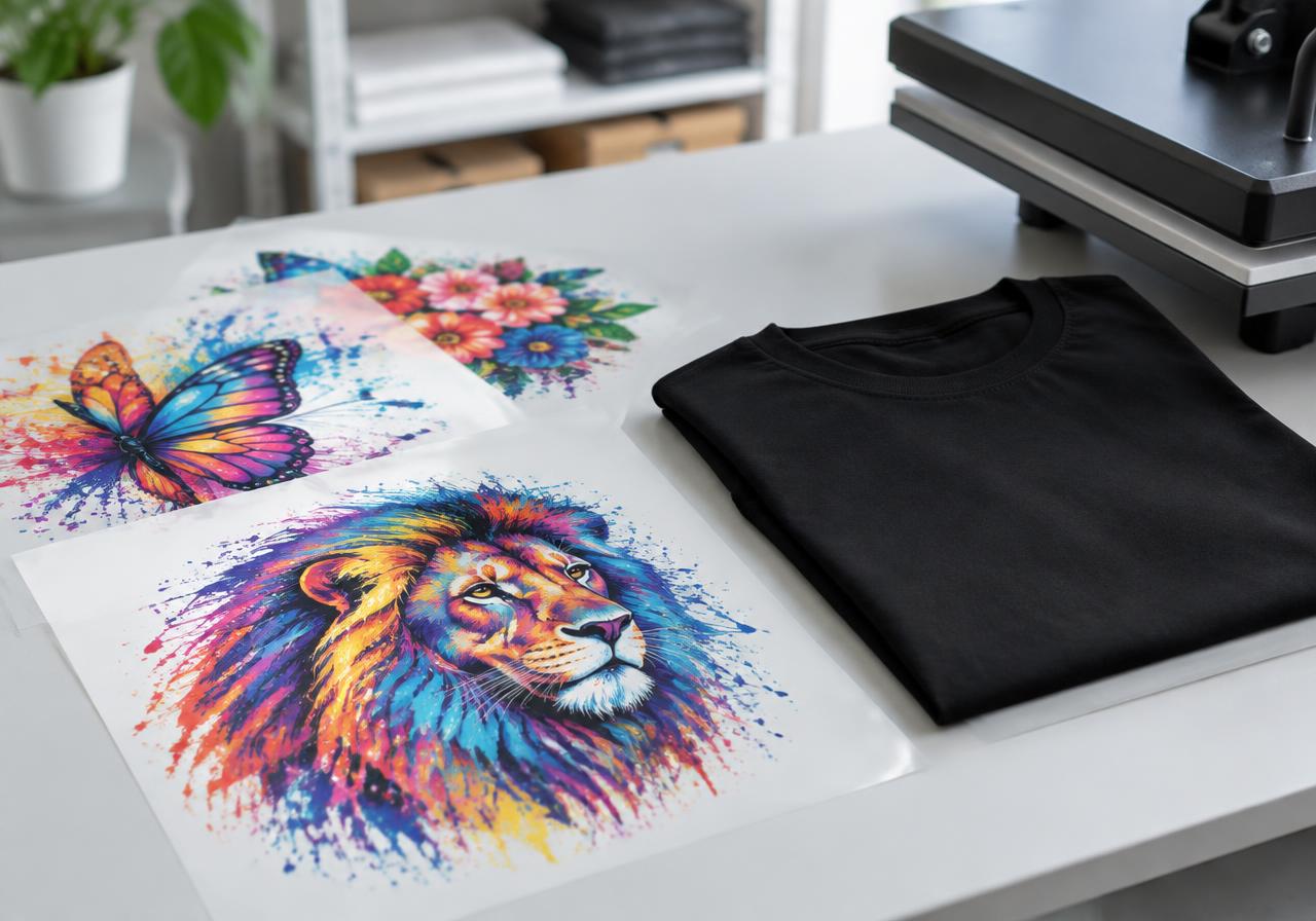 Printed DTF transfer sheets next to a t-shirt